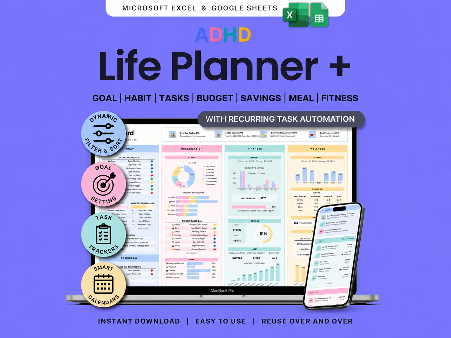 ADHD Life Planner for Google Sheets & Excel