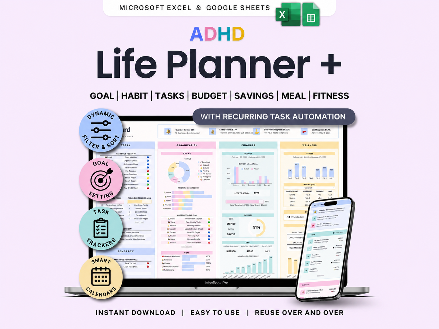 ADHD Life Planner for Google Sheets & Excel