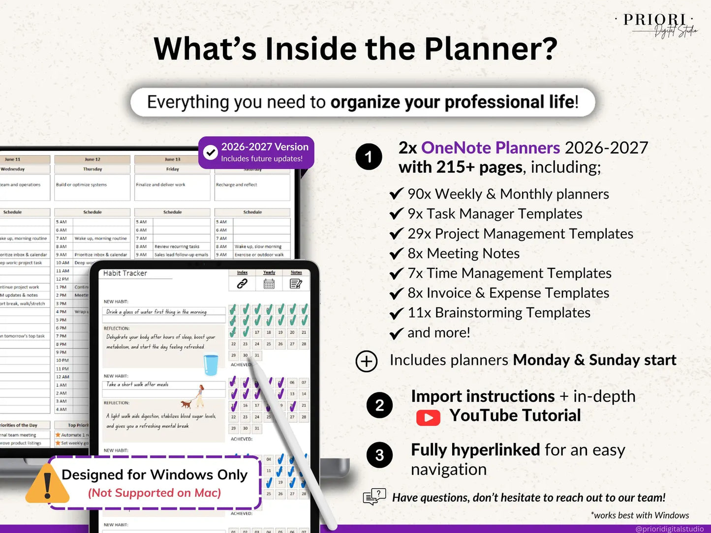OneNote Planner 2026 2027 Professional One Note Template for Work Project Management Hyperlinked Planner Weekly Planner Organization Planner