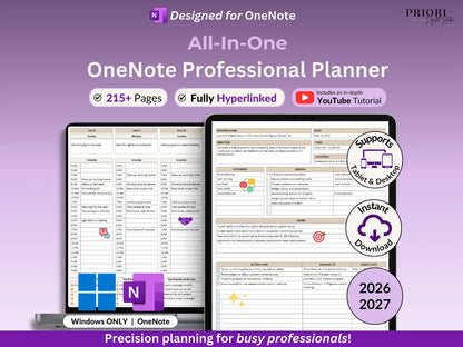 OneNote Planner 2026 2027 Professional One Note Template for Work Project Management Hyperlinked Planner Weekly Planner Organization Planner