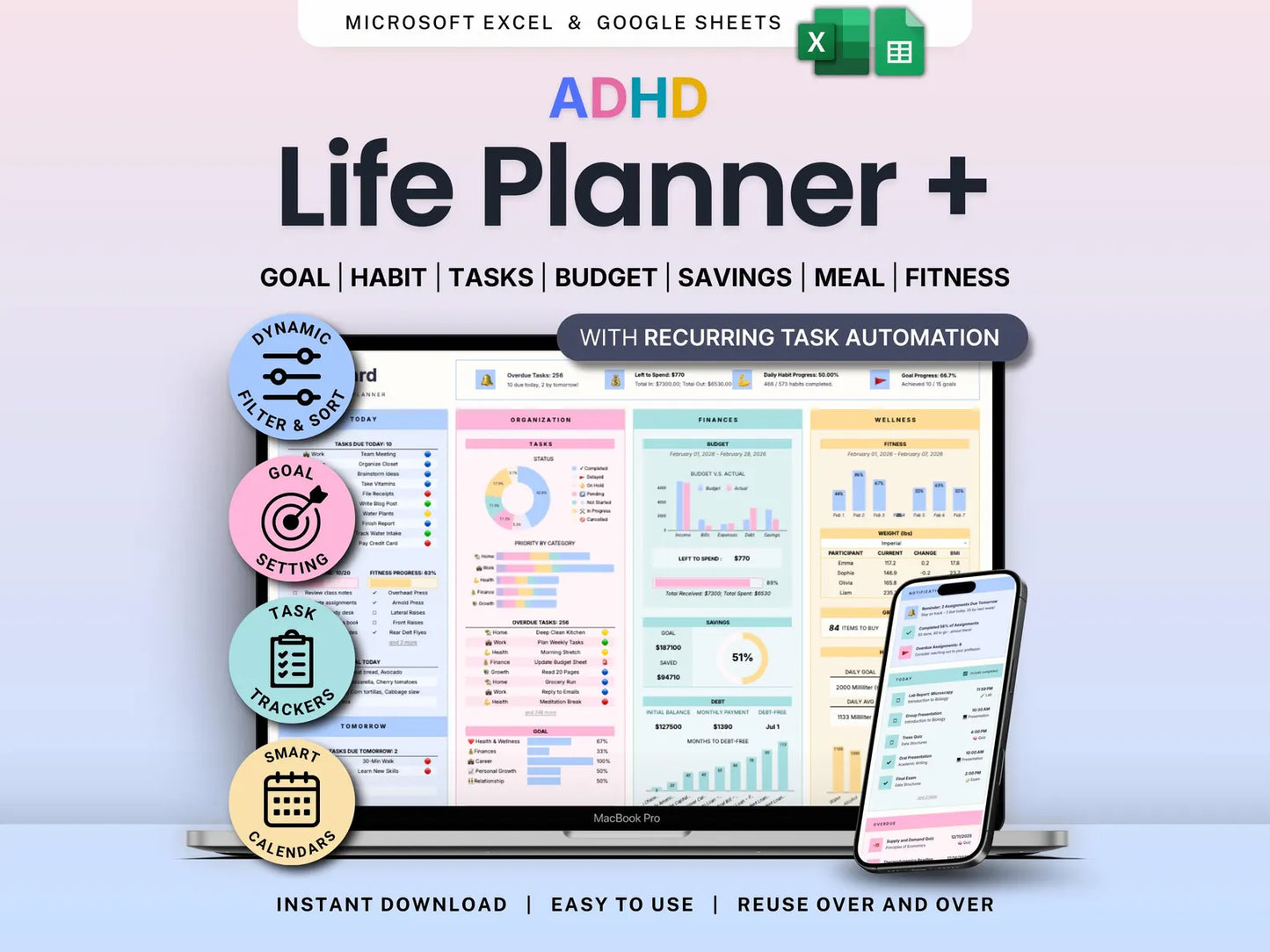 ADHD Life Planner for Google Sheets & Excel